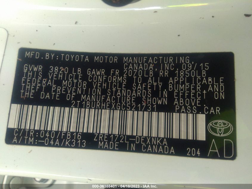 2016 TOYOTA COROLLA L/LE/S/S PLUS/LE PLUS - 2T1BURHEXGC521731