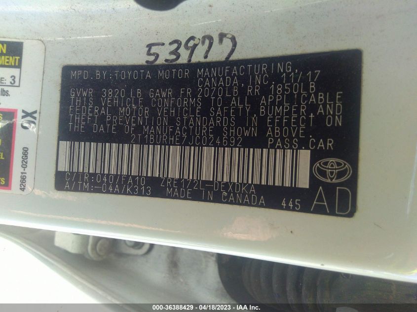 2018 TOYOTA COROLLA L/LE/XLE/SE/XSE - 2T1BURHE7JC024692