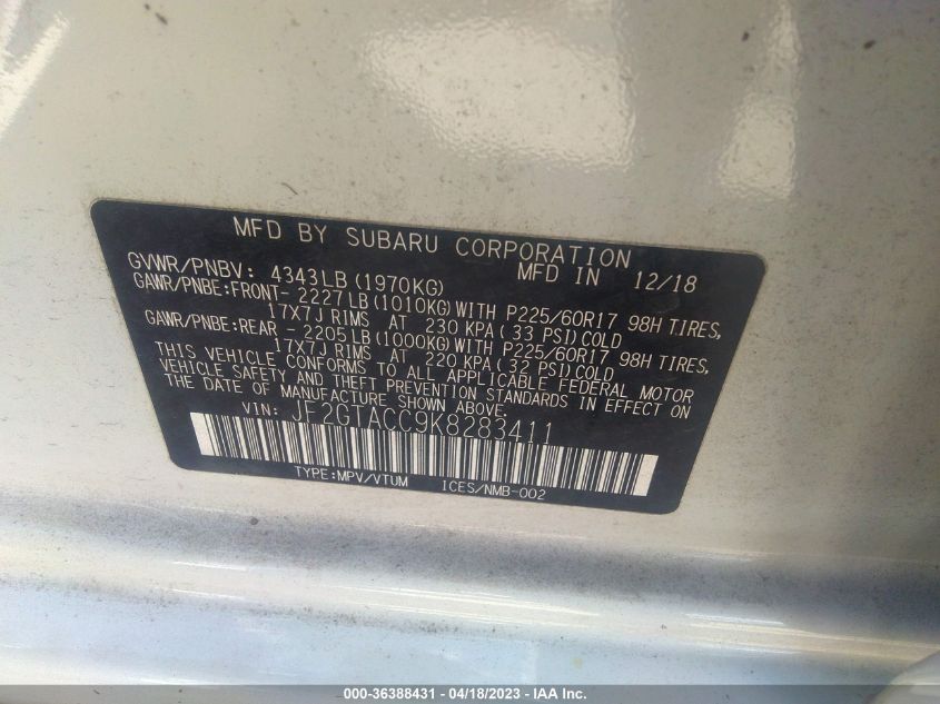 2019 SUBARU CROSSTREK PREMIUM - JF2GTACC9K8283411