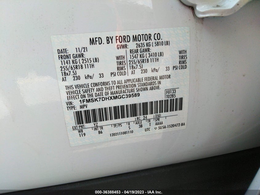 VIN 1FMSK7DHXMGC39589 2021 FORD EXPLORER XLT