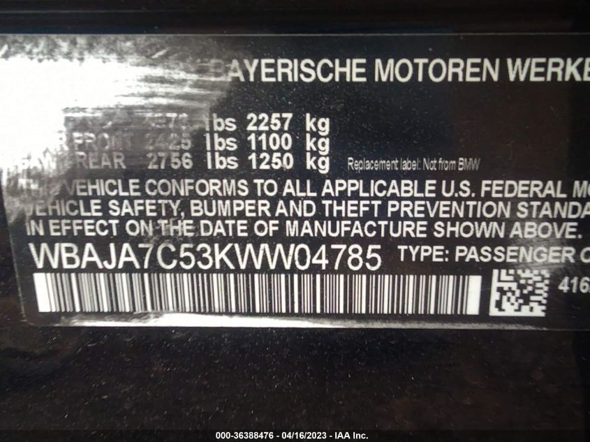2019 BMW 5 SERIES 530I XDRIVE - WBAJA7C53KWW04785