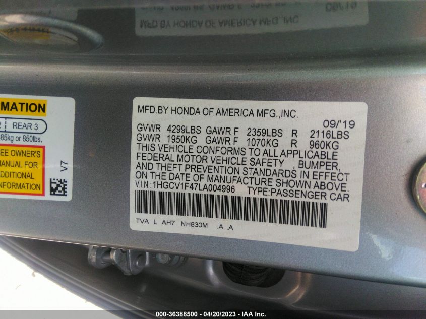 2020 HONDA ACCORD SEDAN EX - 1HGCV1F47LA004996