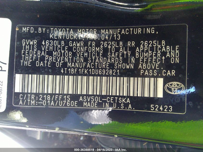 2013 TOYOTA CAMRY L/LE/SE/XLE - 4T1BF1FK1DU692821