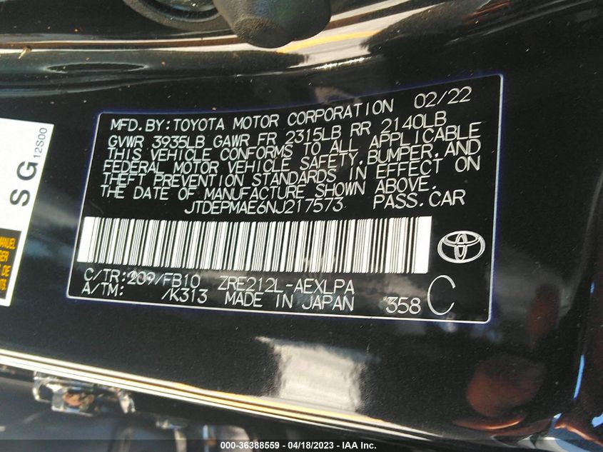 2022 TOYOTA COROLLA LE - JTDEPMAE6NJ217573