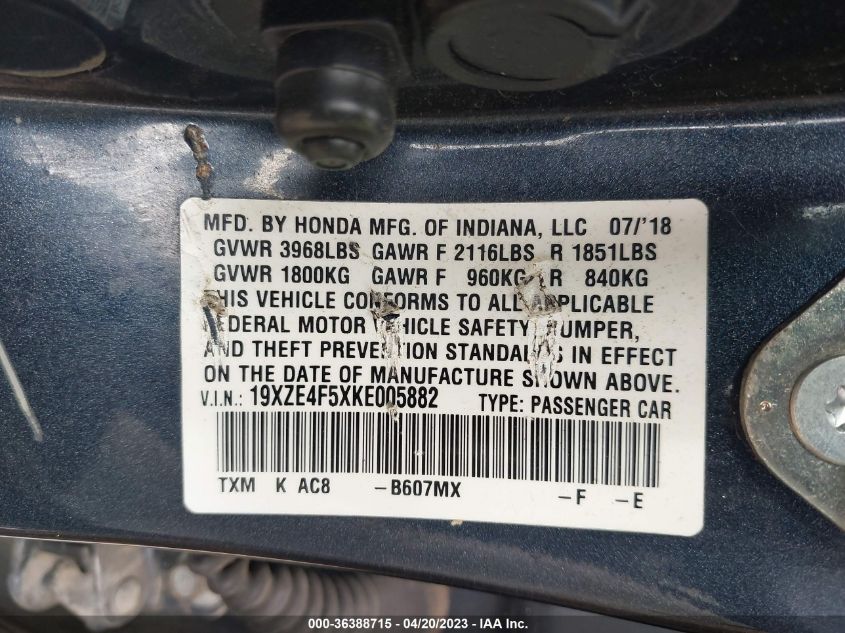 2019 HONDA INSIGHT EX 19XZE4F5XKE005882