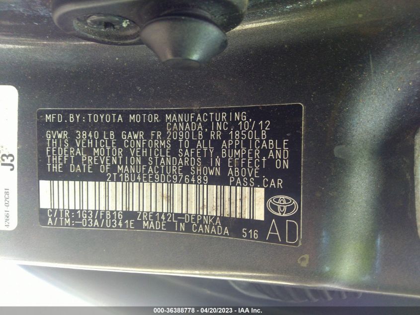 2013 TOYOTA COROLLA L/LE/S - 2T1BU4EE9DC976489