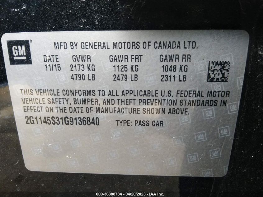 2016 CHEVROLET IMPALA LTZ - 2G1145S31G9136840