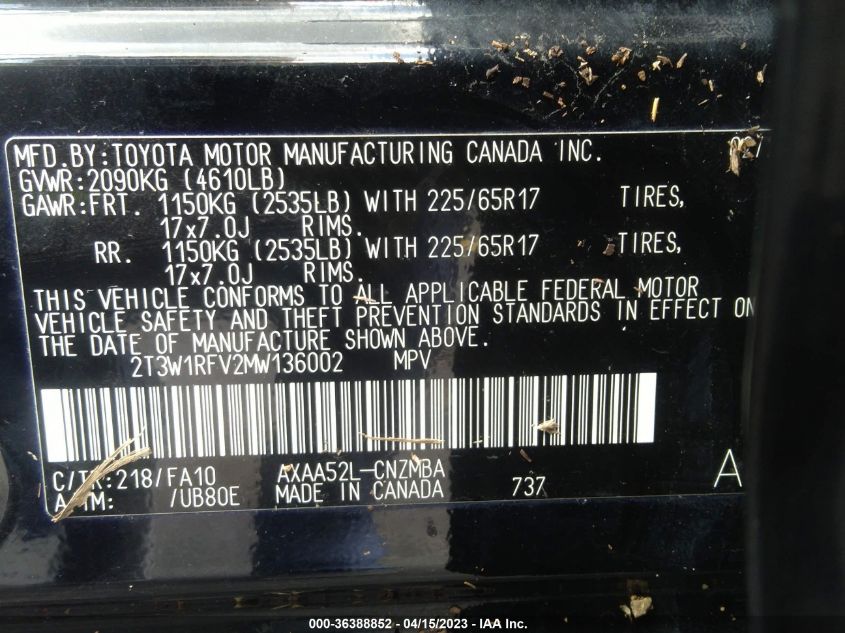 2021 TOYOTA RAV4 XLE - 2T3W1RFV2MW136002