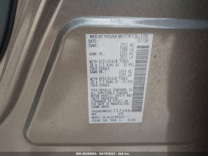 2014 NISSAN PATHFINDER SL - 5N1AR2MN5EC717166