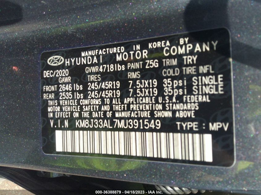 2021 HYUNDAI TUCSON SPORT - KM8J33AL7MU391549