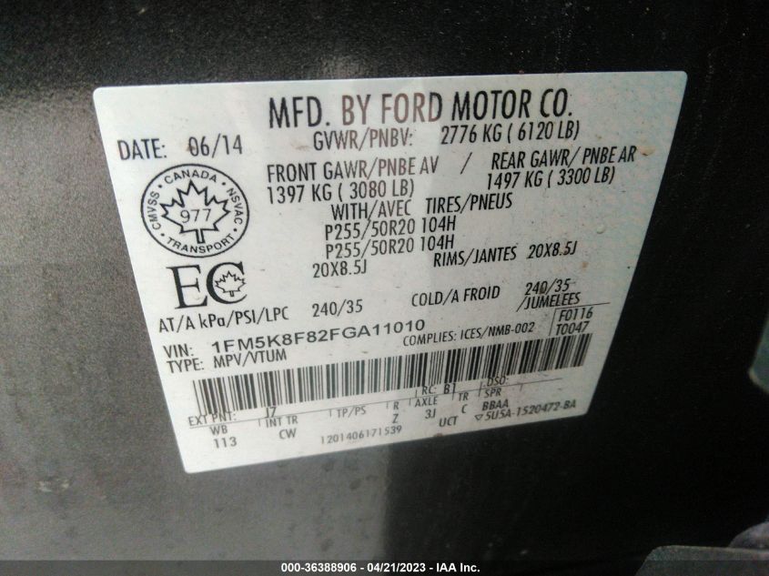 2015 FORD EXPLORER LIMITED - 1FM5K8F82FGA11010