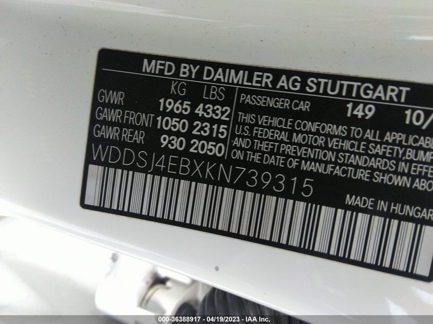 VIN WDDSJ4EBXKN739315 2019 MERCEDES-BENZ CLA CLA 250