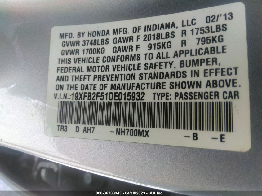 2013 HONDA CIVIC SDN LX - 19XFB2F51DE015932