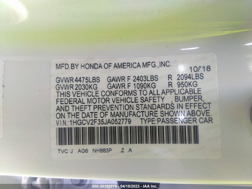 2018 HONDA ACCORD SEDAN SPORT 2.0T - 1HGCV2F35JA052779
