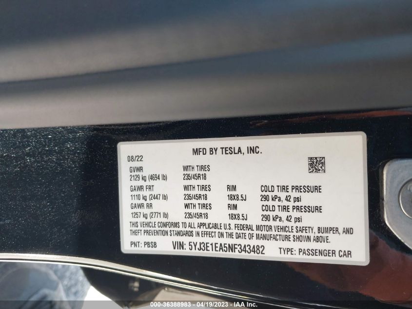 2022 TESLA MODEL 3 - 5YJ3E1EA5NF343482