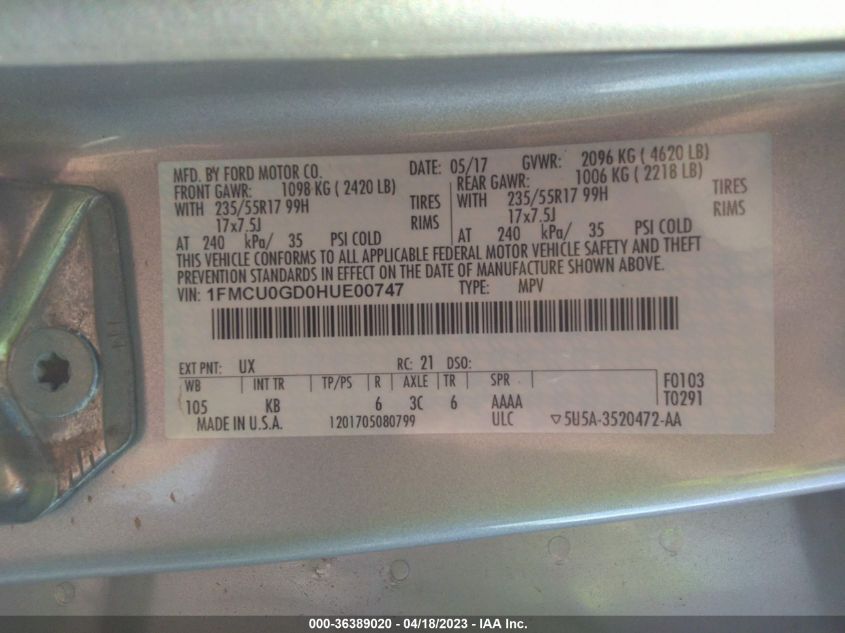 2017 FORD ESCAPE SE - 1FMCU0GD0HUE00747