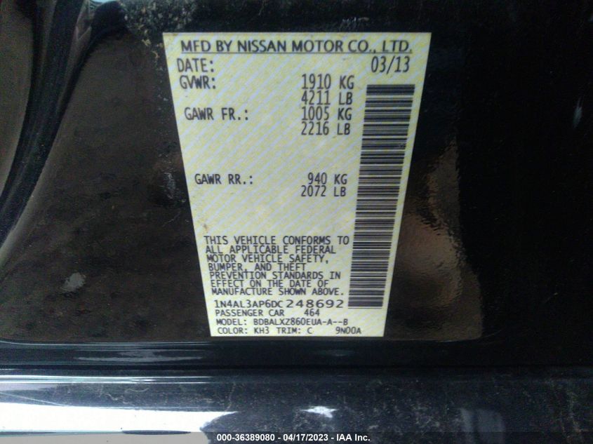 2013 NISSAN ALTIMA 2.5 SL - 1N4AL3AP6DC248692