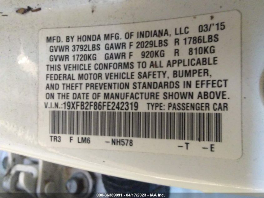 2015 HONDA CIVIC SEDAN EX - 19XFB2F86FE242319