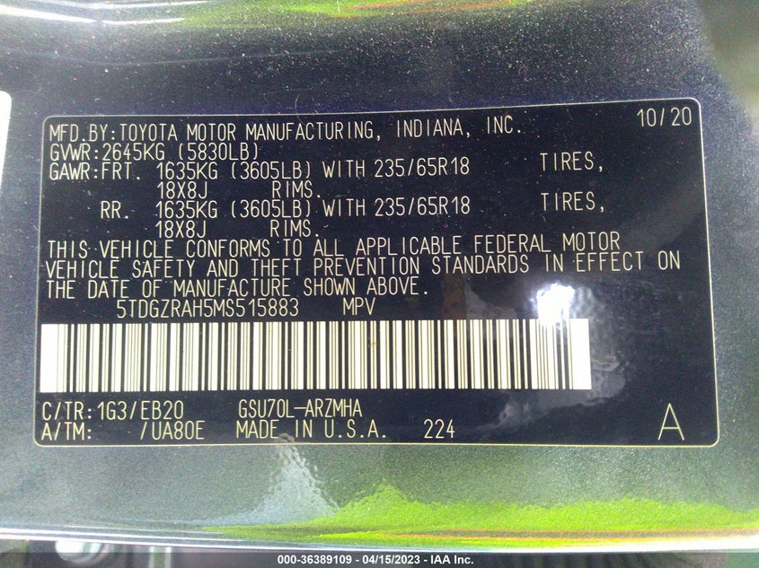 VIN 5TDGZRAH5MS515883 2021 TOYOTA HIGHLANDER XLE