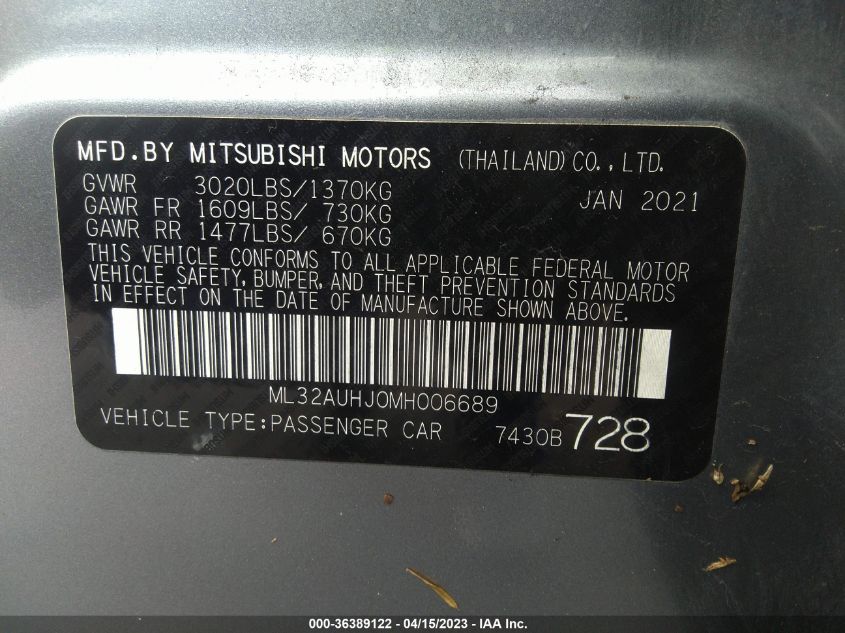 2021 MITSUBISHI MIRAGE ES/LE/CARBONITE EDITION - ML32AUHJ0MH006689