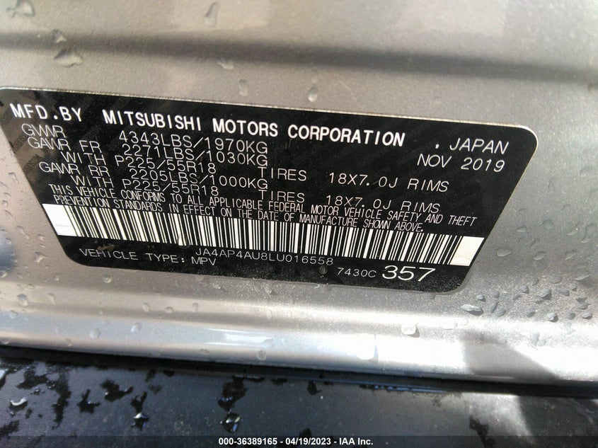 VIN JA4AP4AU8LU016558 2020 MITSUBISHI OUTLANDER SPORT SE 2.0