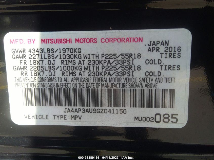 2016 MITSUBISHI OUTLANDER SPORT 2.0 ES - JA4AP3AU9GZ041150
