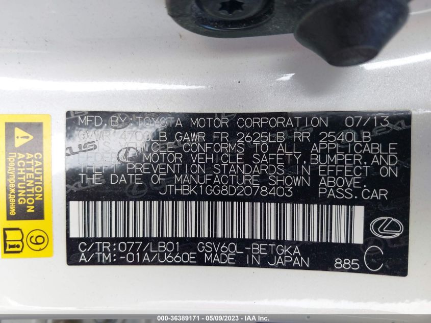 2013 LEXUS ES 350 4DR SDN - JTHBK1GG8D2078403