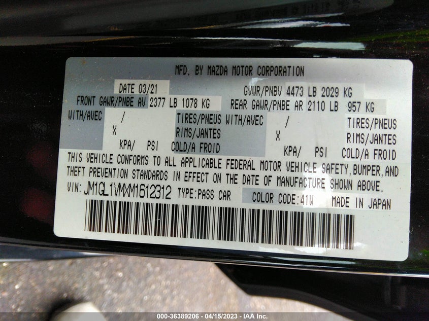 VIN JM1GL1VMXM1612312 2021 MAZDA MAZDA6 TOURING