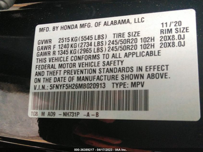 VIN 5FNYF5H26MB020913 2021 HONDA PILOT no.9