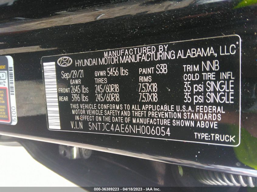 2022 HYUNDAI SANTA CRUZ SEL 5NTJC4AE6NH006054
