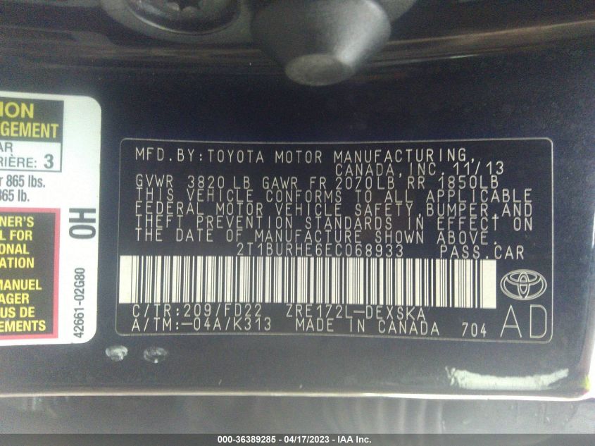 2014 TOYOTA COROLLA L/LE/S/S PLUS/LE PLUS - 2T1BURHE6EC068933