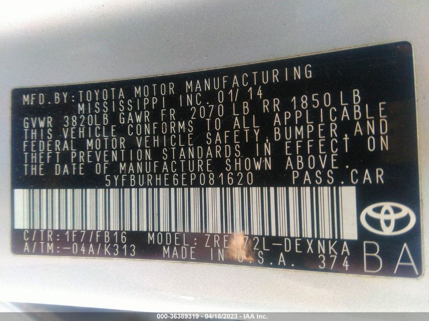 2014 TOYOTA COROLLA L/LE/S/S PLUS/LE PLUS - 5YFBURHE6EP081620