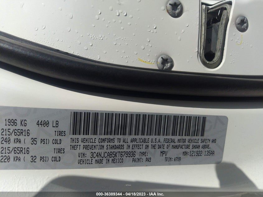 VIN 3C4NJCAB5KT679936 2019 JEEP COMPASS SPORT
