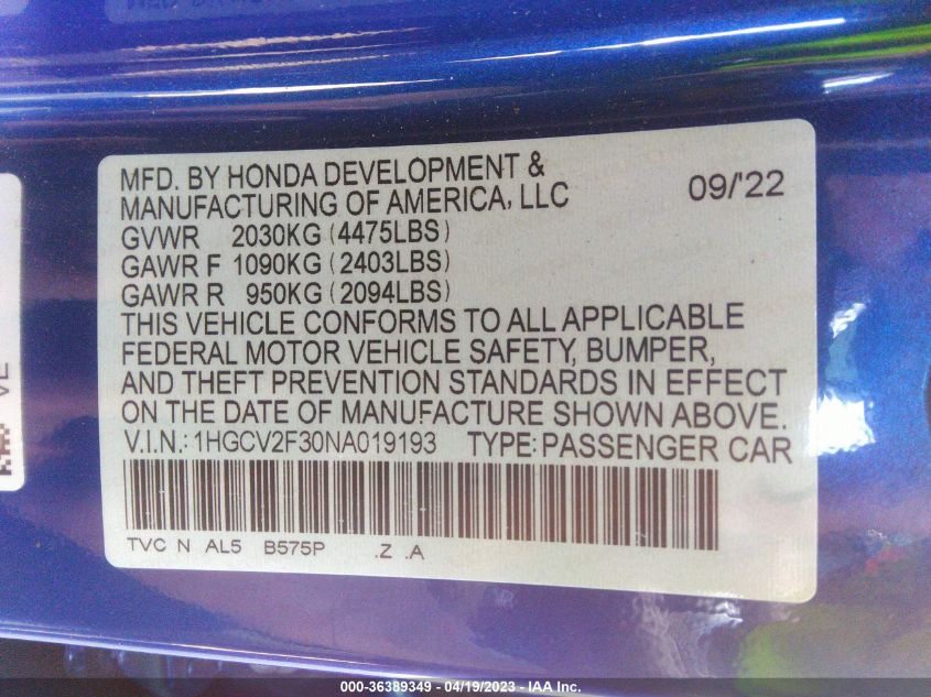 2022 HONDA ACCORD SEDAN SPORT - 1HGCV2F30NA019193