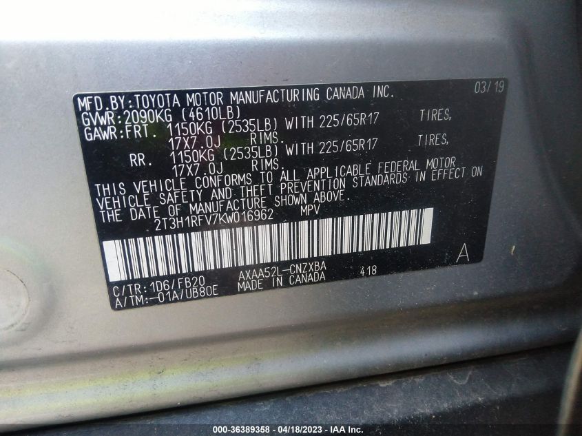 2019 TOYOTA RAV4 LE - 2T3H1RFV7KW016962