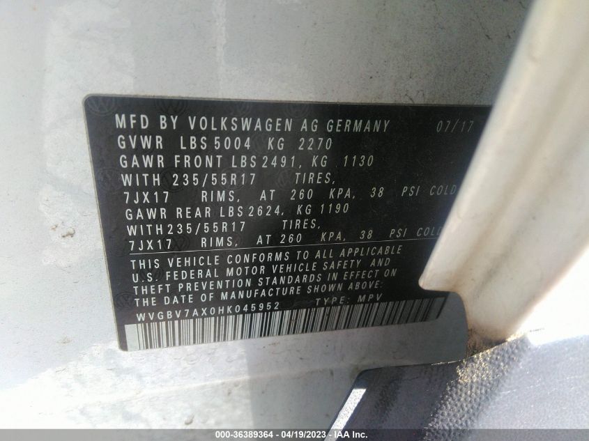 2017 VOLKSWAGEN TIGUAN - WVGBV7AX0HK045952