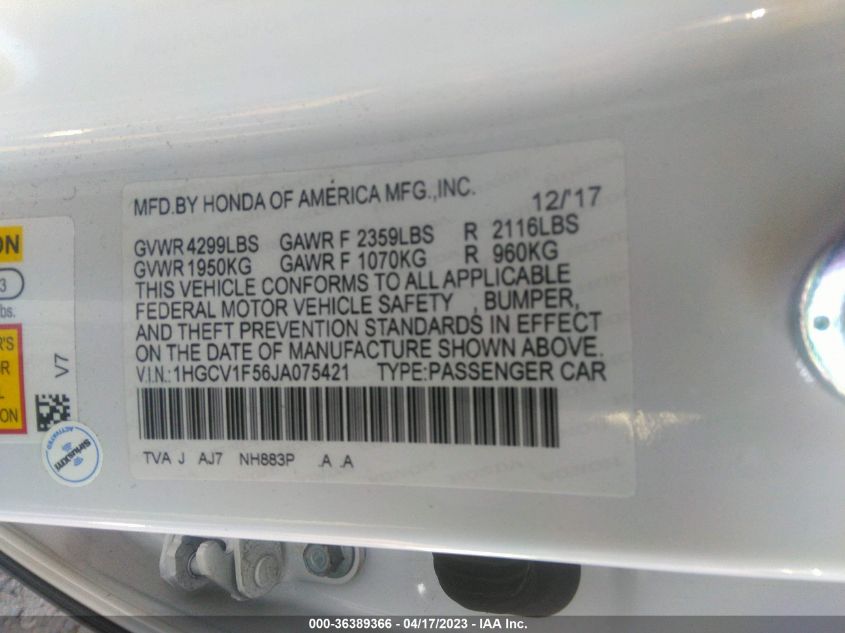 2018 HONDA ACCORD SEDAN EX-L 1.5T - 1HGCV1F56JA075421