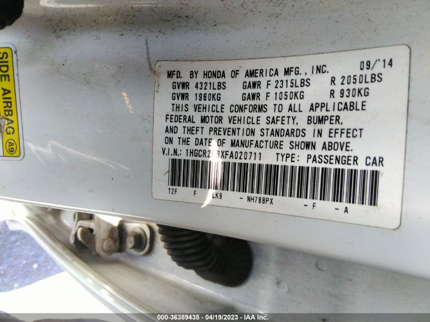 2015 HONDA ACCORD SEDAN EX-L - 1HGCR2F8XFA020711