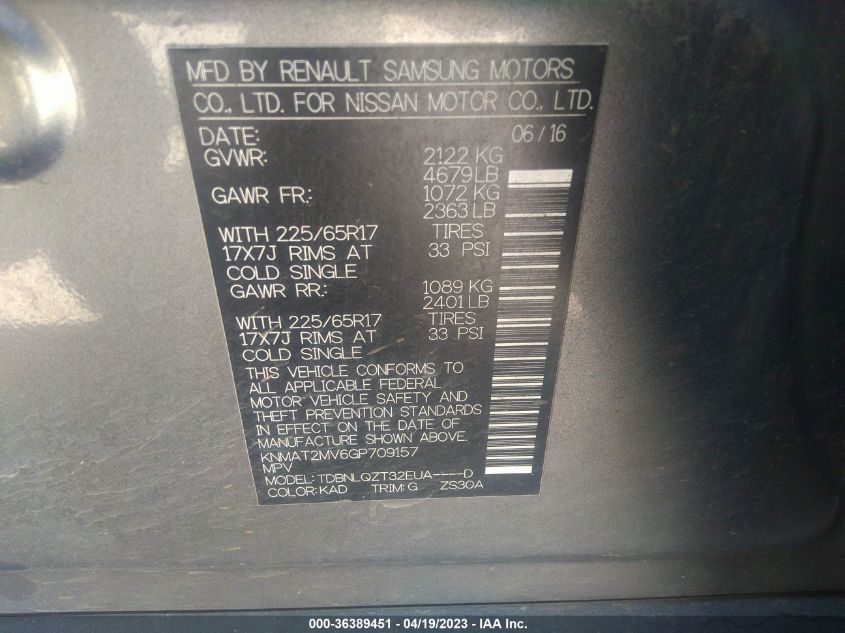 2016 NISSAN ROGUE SV/SL/S - KNMAT2MV6GP709157