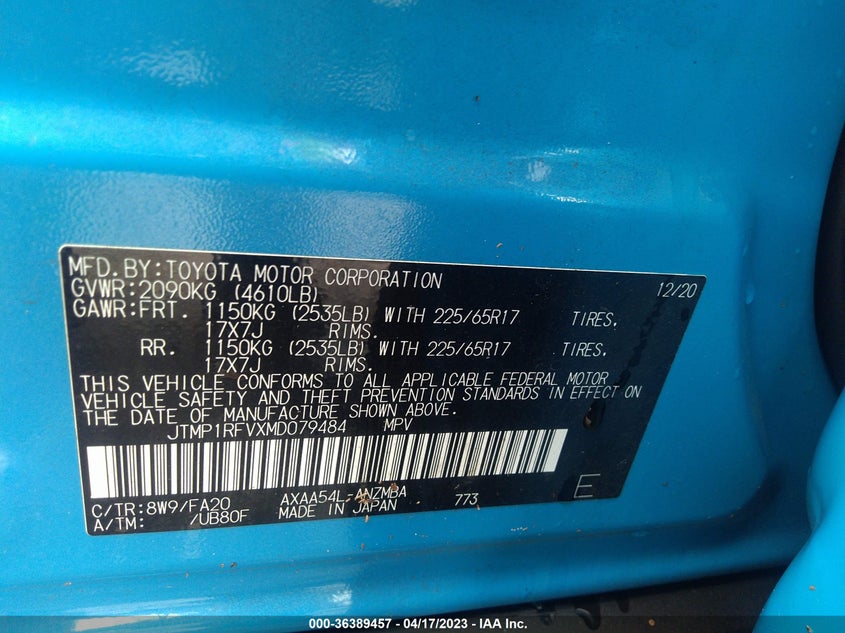 VIN JTMP1RFVXMD079484 2021 TOYOTA RAV4 XLE