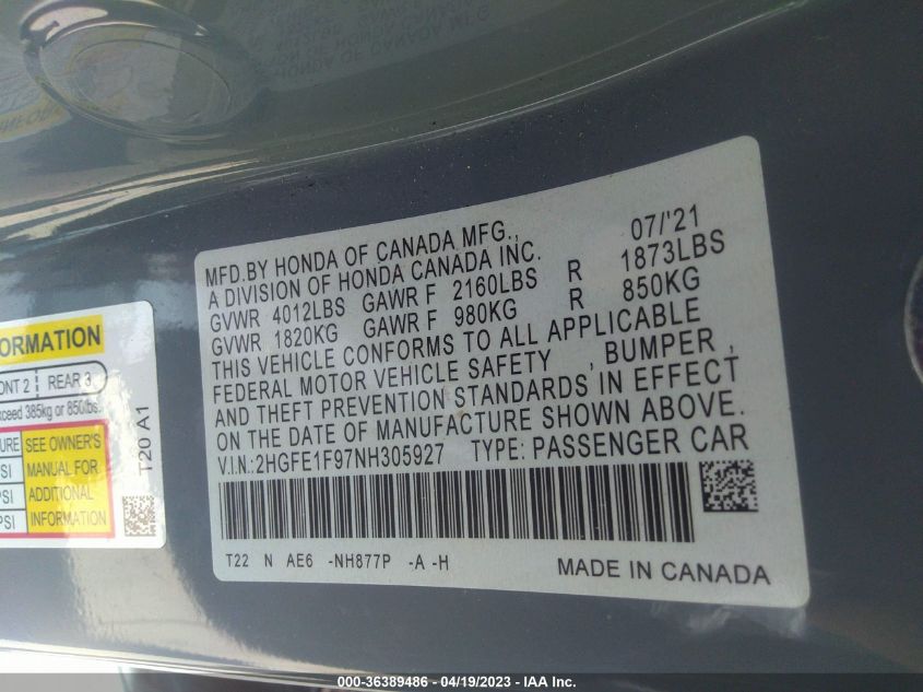 2022 HONDA CIVIC SEDAN TOURING - 2HGFE1F97NH305927