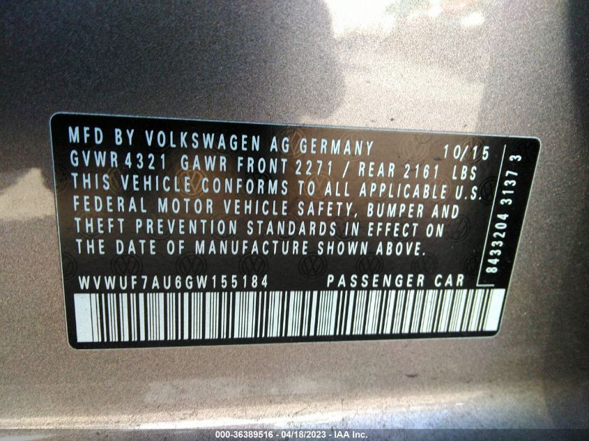 2016 VOLKSWAGEN GOLF R WVWUF7AU6GW155184