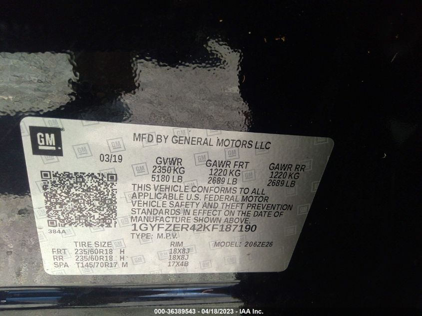 2019 CADILLAC XT4 FWD SPORT 1GYFZER42KF187190