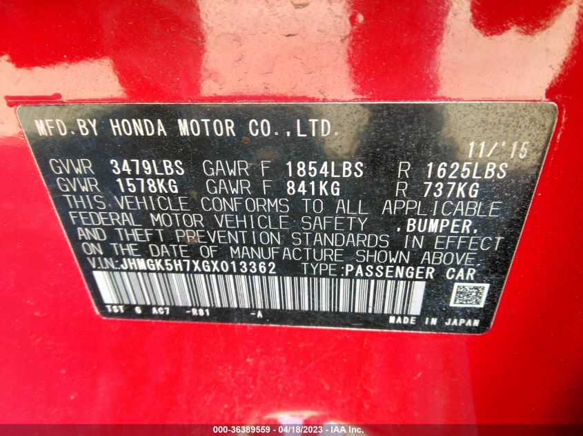 2016 HONDA FIT EX - JHMGK5H7XGX013362