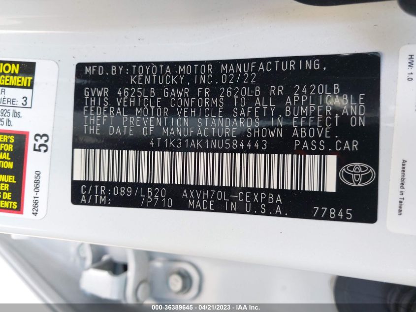 2022 TOYOTA CAMRY HYBRID XSE - 4T1K31AK1NU584443