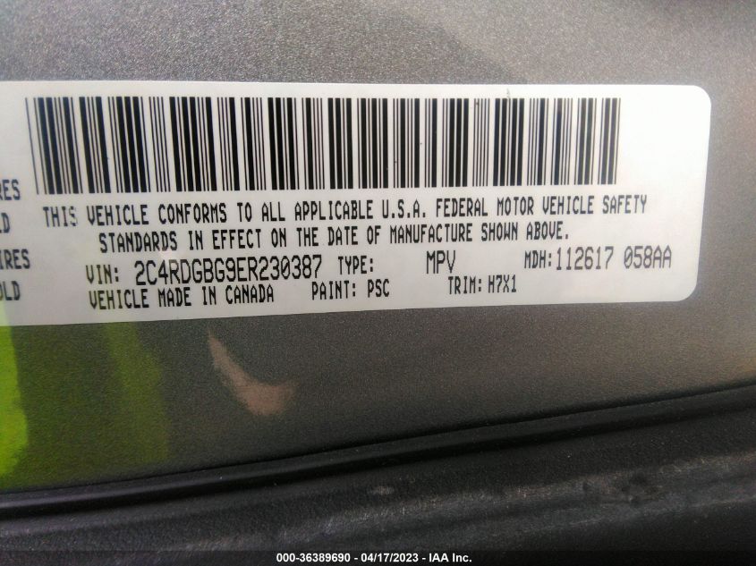 2014 DODGE GRAND CARAVAN AMERICAN VALUE PKG - 2C4RDGBG9ER230387