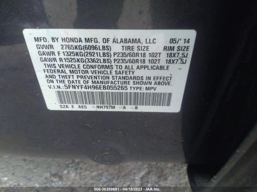 2014 HONDA PILOT TOURING - 5FNYF4H96EB055265