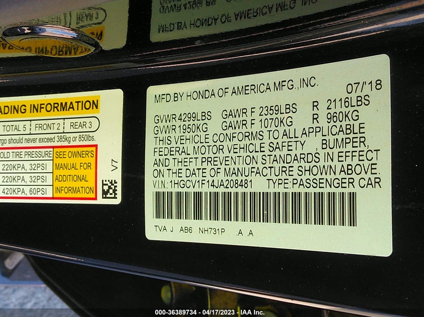 VIN 1HGCV1F14JA208481 2018 HONDA ACCORD SEDAN LX 1.5T