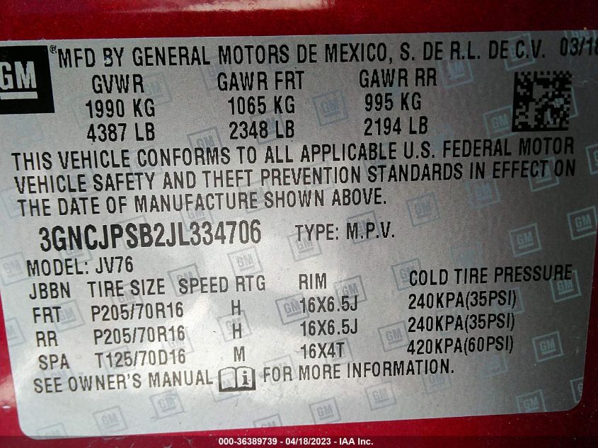 2018 CHEVROLET TRAX LT - 3GNCJPSB2JL334706
