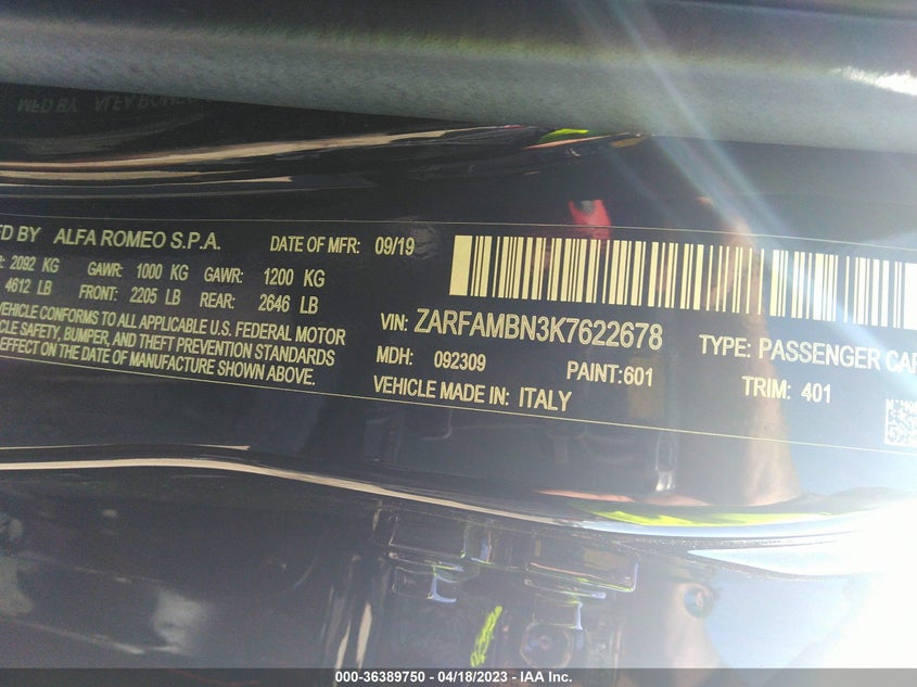 VIN ZARFAMBN3K7622678 2019 ALFA ROMEO GIULIA TI SPORT